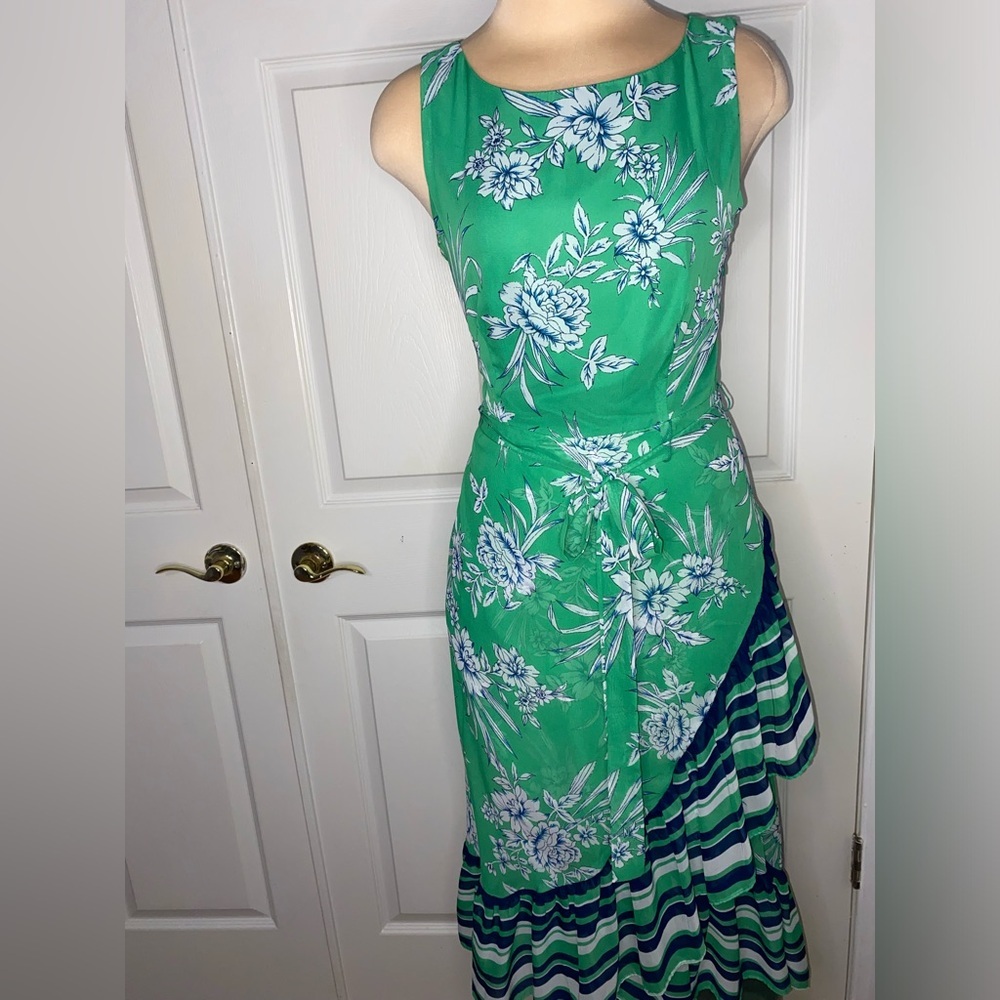 Sandra Darren Green Floral Dress Size 10 Stripe Statement Dress, Wedding Guest